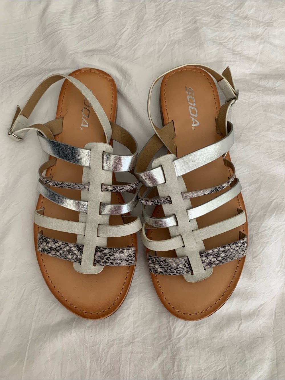 SODA Women's Silver & Snake-Print Strappy Sandals 7.5